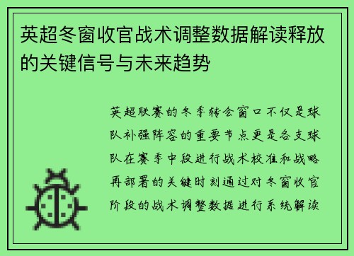 英超冬窗收官战术调整数据解读释放的关键信号与未来趋势 英超冬窗收官战术调整数据解读释放的关键信号与未来趋势